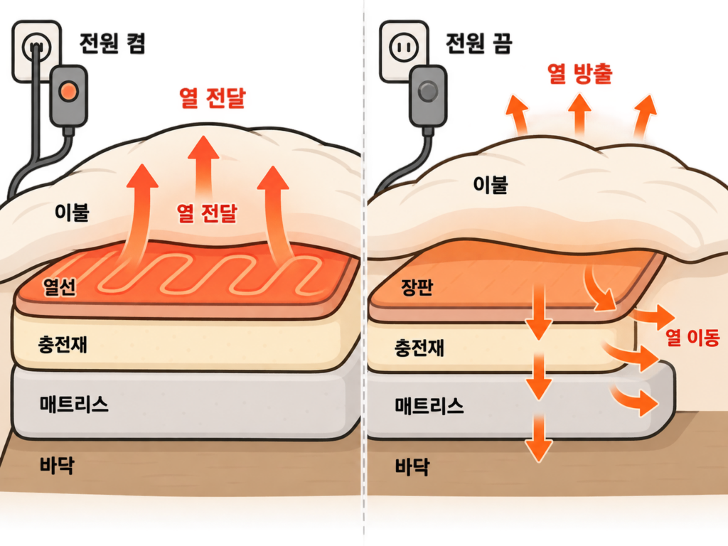 전기장판 껐는데도 따뜻하다면? 잔열과 이상 신호의 차이 설명 도식