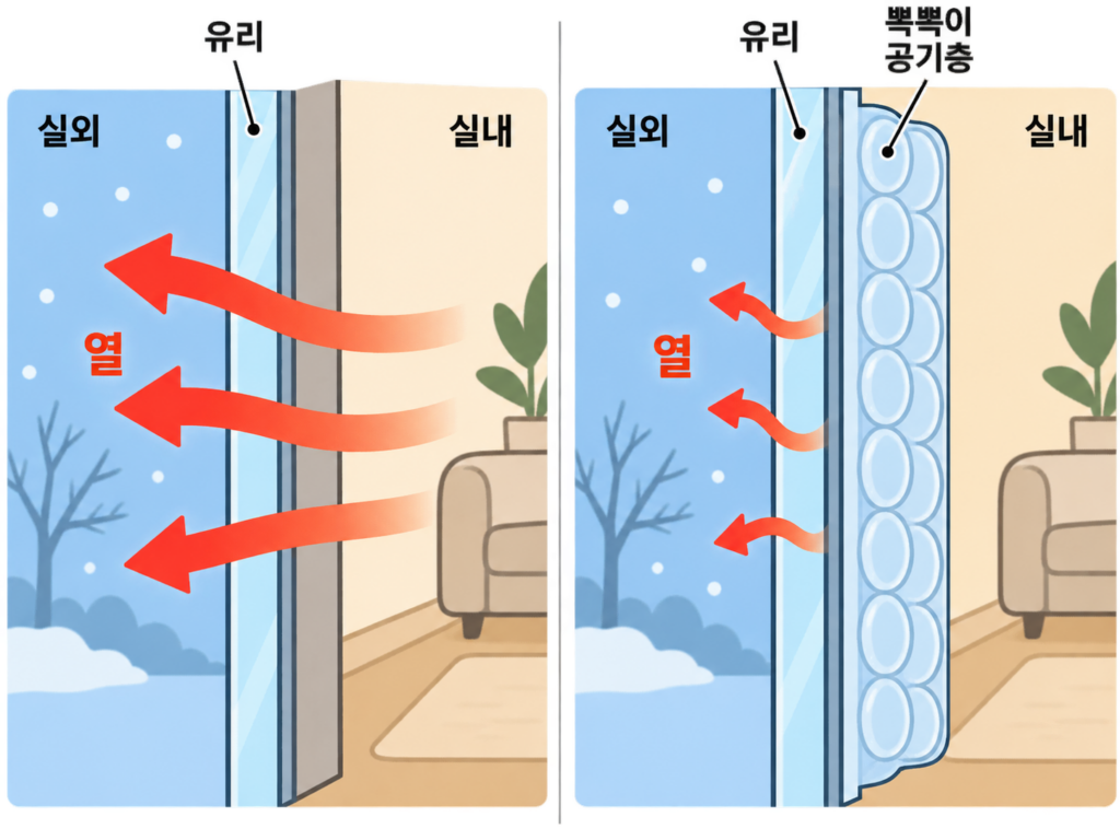 창문 뽁뽁이 단열, 냉기는 줄어도 결로는 왜? 설명 도식