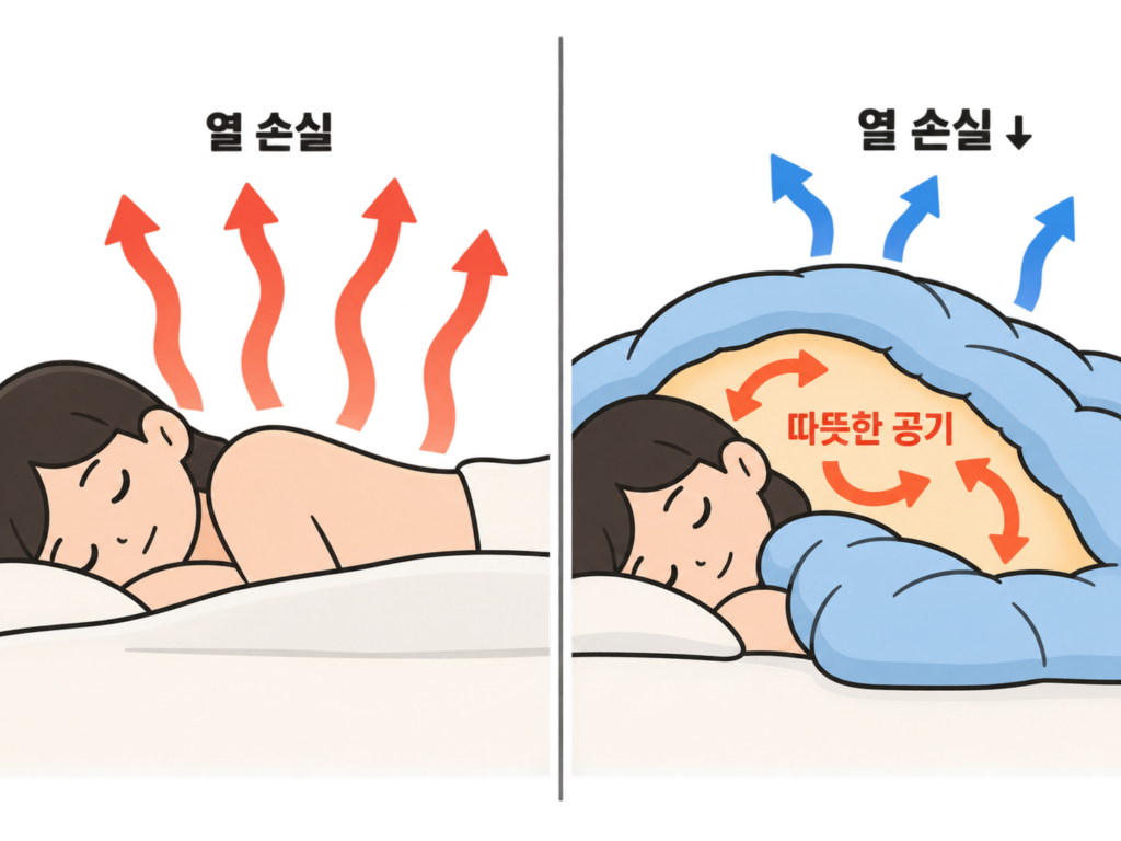 이불은 열을 만들지 않는데 왜 따뜻할까 설명 도식