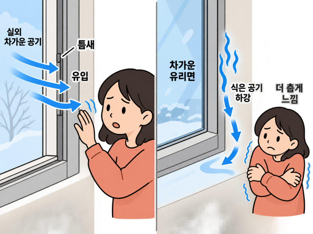 창문 닫았는데도 춥다? 틈바람과 냉기는 다릅니다 설명 도식