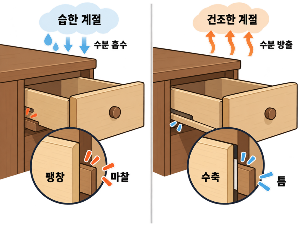 나무 서랍이 뻑뻑한 이유, 고장 아닌 계절 탓? 설명 도식
