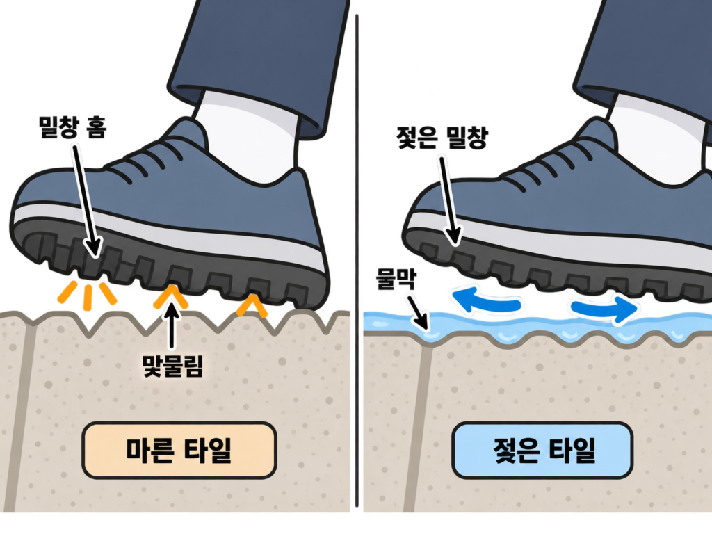 비 오는 날 현관 타일 바닥은 왜 유독 미끄러울까? 타일 탓만은 아니다 설명 도식