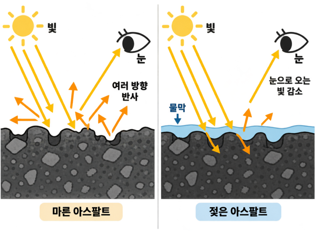 비오면 아스팔트 검은 이유, 물은 투명한데 왜 더 까맣나 설명 도식