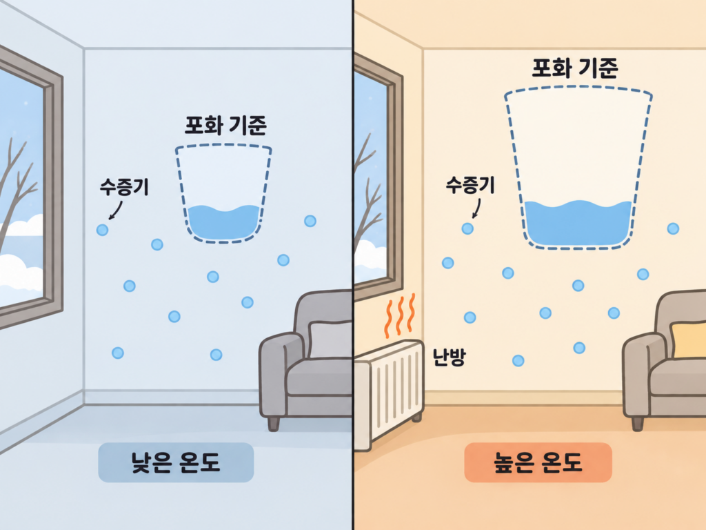보일러 틀면 왜 방 공기가 더 건조할까? 수분을 태운 게 아니다 설명 도식