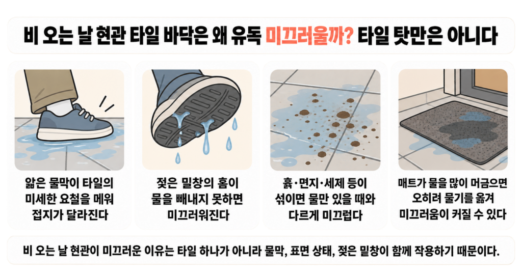 비 오는 날 현관 타일 바닥은 왜 유독 미끄러울까? 타일 탓만은 아니다