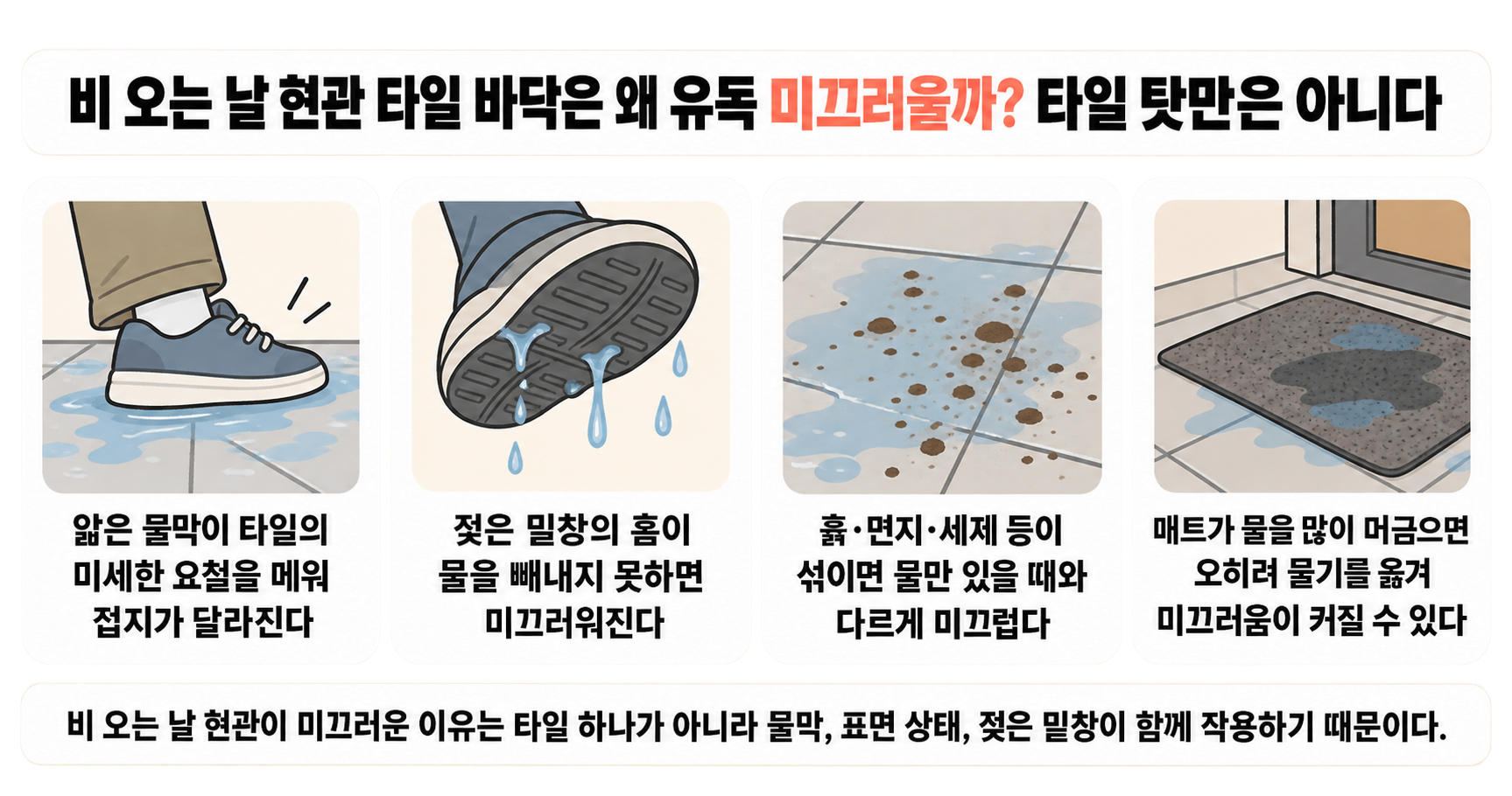 비 오는 날 현관 타일 바닥은 왜 유독 미끄러울까? 타일 탓만은 아니다