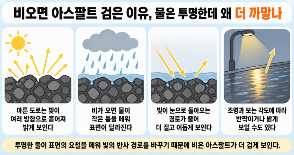 비오면 아스팔트 검은 이유, 물은 투명한데 왜 더 까맣나