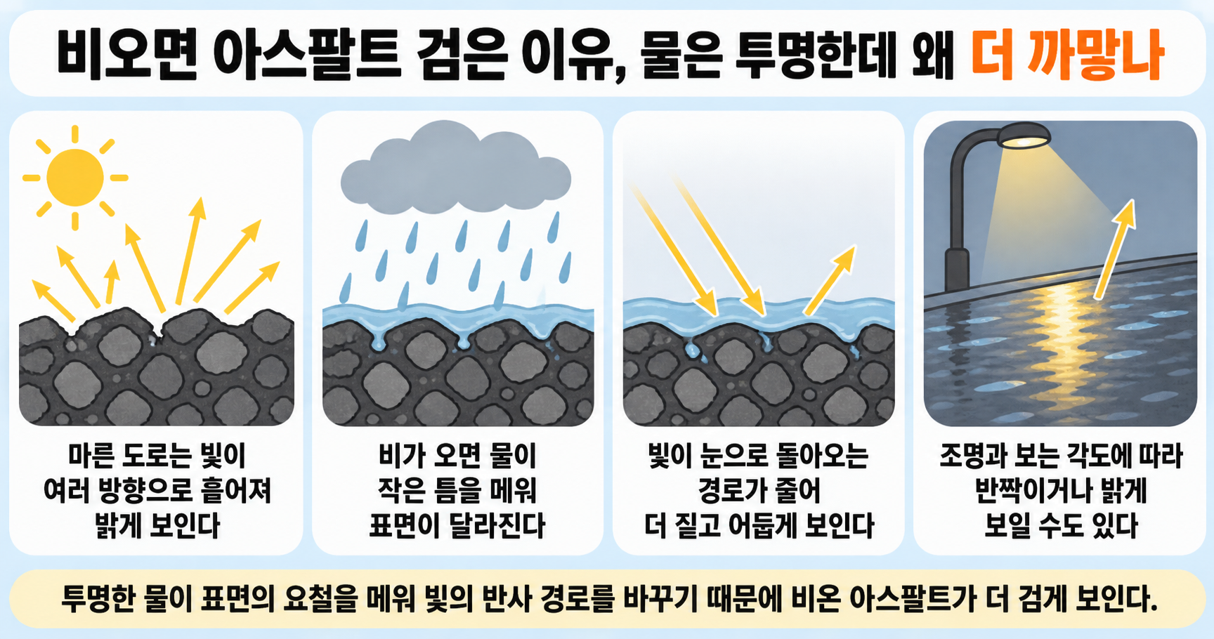 비오면 아스팔트 검은 이유, 물은 투명한데 왜 더 까맣나