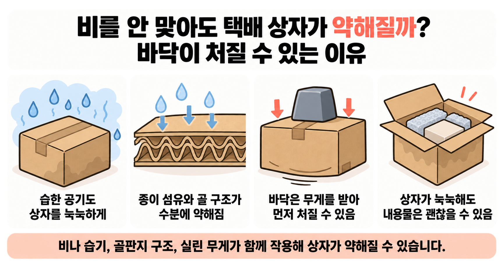 비를 안 맞아도 택배 상자가 약해질까? 바닥이 처질 수 있는 이유