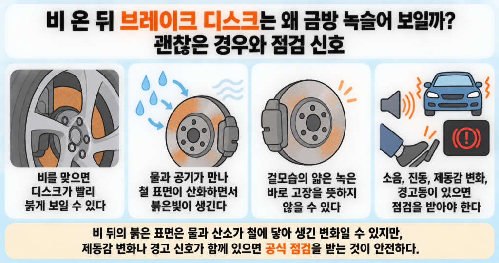 비 온 뒤 브레이크 디스크는 왜 금방 녹슬어 보일까? 괜찮은 경우와 점검 신호